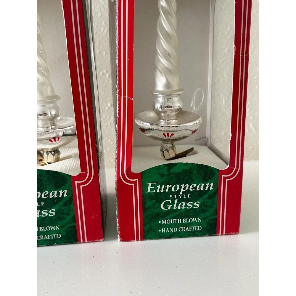 Christmas Ornament Candlestick European Hand Blown Glass Clip On Figural‎ Set 2
